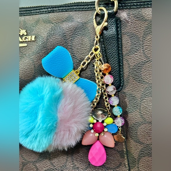 Colorful Pom Pom bag backpack Charm upcycled jewelry,one of the kind unique gift - Picture 1 of 8